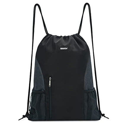 WANDF Drawstring Backpack Sports Gym Sackpack with Mesh Pockets Water Resistant String Bag for Women Men(Black) - color: Black