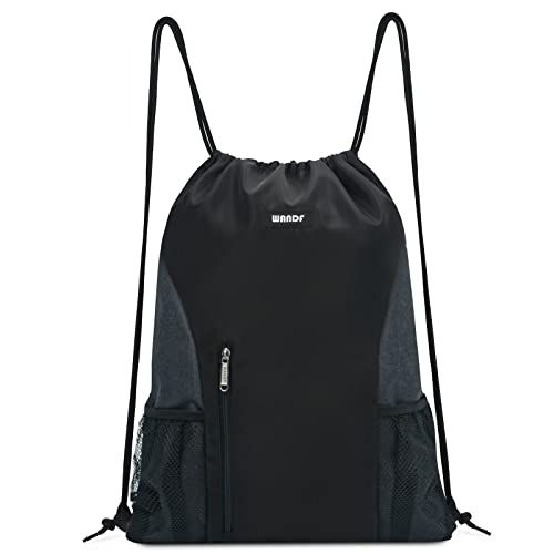 WANDF Drawstring Backpack Sports Gym Sackpack with Mesh Pockets Water Resistant String Bag for Women Men(Black) - color: Black