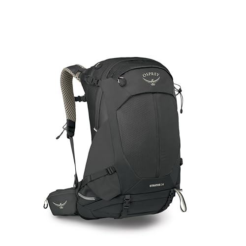 Osprey Stratos 34L Men's Hiking Backpack - Camping Bag with Waterproof Raincover, Bottle Pockets, & Gear Straps, Raven Black - color: Raven Black, style: 34l