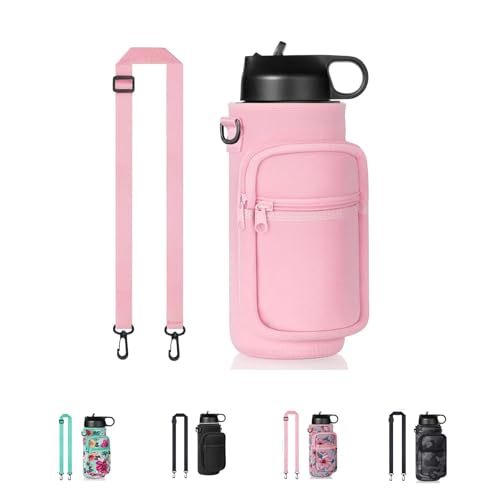 Water Bottle Holder with Strap, Insulated Crossbody Sling Bag, Carrier with Phone Pocket for Walking Hiking Camping Fishing - color: Pink, size: 32oz Short