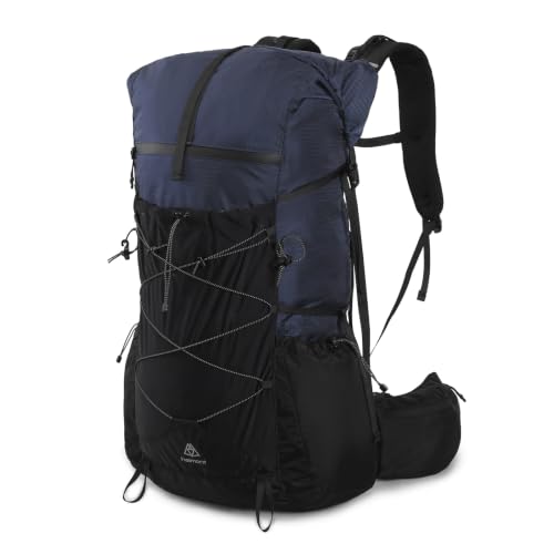 Haimont 40L+15L Roll-Top Backpacking Pack with Rain Cover, Blue | Expandable 55L, Hip Belt Support, Sleeping Pad Carry, Pole Attachments, YKK & Duraflex - color: Blue