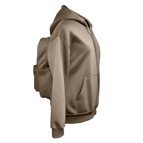 Backpack Hoodie for Men Women Zipper Cardigan Creative Hoodies Lightweight Travel Hooded Sweatshirts with Backpack - color: Khaki, size: Small