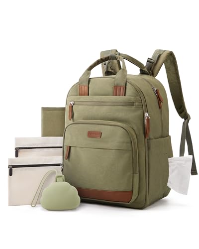 mommore Diaper Bag Backpack with Waterproof Changing Pad, Insulated Bottle Holders & Pacifier Case, Baby Diaper Bag with 2 Organizer Pouches, Stroller Straps, Green - color: Green