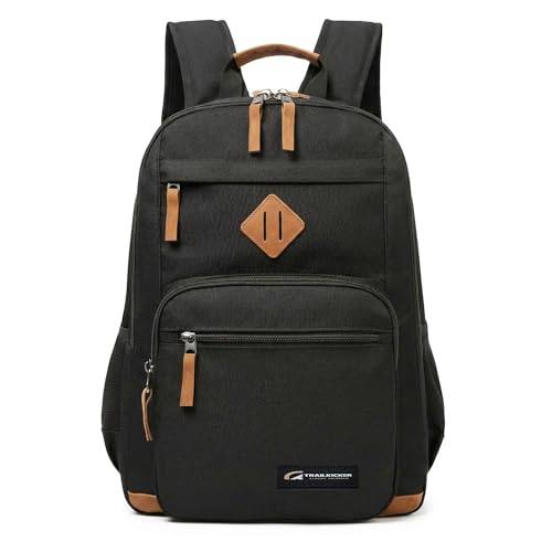 TRAILKICKER Black Backpack for Men, 17 Inch Laptop Bookbag, Multi Pocket School Bag, College Travel Daypack with Side Pockets - color: Black