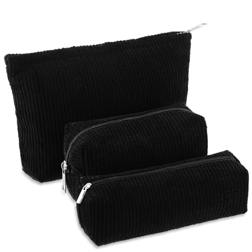 Huhumy 3 Pcs Makeup Bag Set for Women Corduroy Cosmetic Pouch Aesthetic Smile Travel Toiletry Bag Cute Purse Pouch Pencil Case Makeup Brushes Storage Organizer with Zipper(Black,Solid Style) - color: Black, style: Solid Style