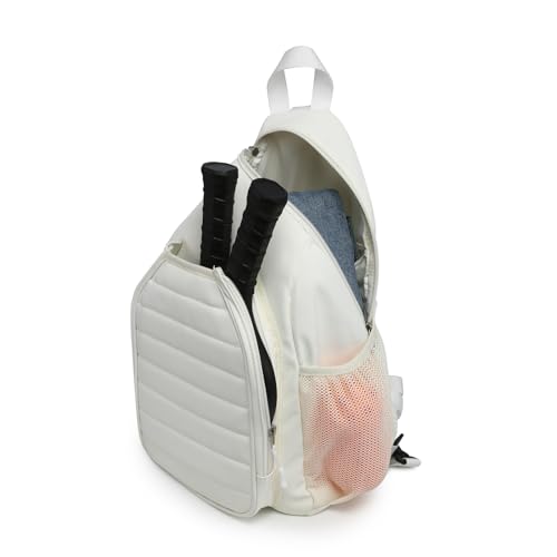 RAINBOW SMILE Sling Bag Crossbody Backpack for Pickleball Paddle Tennis Racketball Travel for Men and Women, with Ice Bag 2PS - color: White