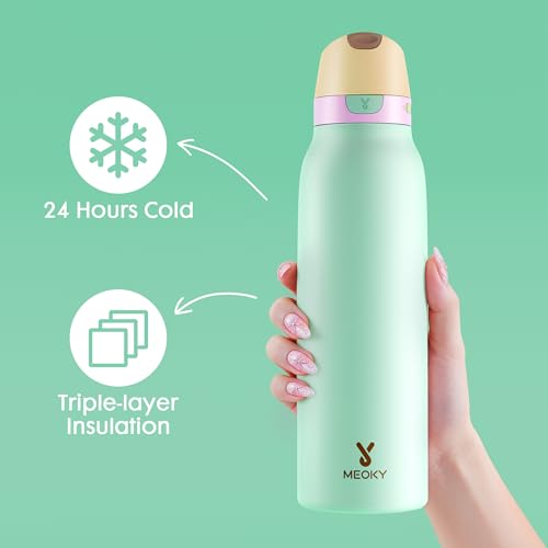 Meoky 24 oz Slim Insulated Water Bottle: Leak Proof Locking Lid, 2-in-1 Straw and Spout, 24 Hours Cold, Top Handle, BPA Free, Stainless Steel Water Bottle for Adults Teens Sports Travel, Lime - color: Lime