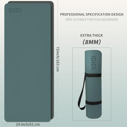 Yoga Mat with Strap,Non-Skid Workout Mat,8mm Thick Yoga Mat,POE Yoga Mats for Women Men Kids,Exercise Mat with Easy-Cinch,72"x24"x0.32” (183x61x0.8cm) - color: Deep green+Gray
