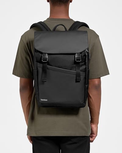 tomtoc Flap Laptop Backpack, Lightweight, Water-Resistant College Travel Casual Daypack, Slim Durable Work-pack Rucksack for 13-16 Inch MacBook Laptop, Large Capacity, 18L, Black