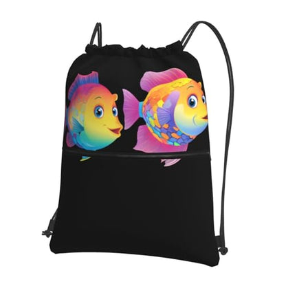 A Pair Of Rainbow Fish Prints Drawstring Zipper Backpack - Lightweight Water-Resistant Sport Gym Bag with Front Pocket & Internal Organizer - Perfect for Travel, Yoga & Hiking