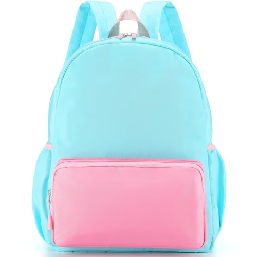 1 Piece Nylon Backpack Kids School Backpack for Toddler Girls Boys Plain Waterproof Preppy Bookbags Travel for Student (Lake Blue and Pink) - color: Lake Blue and Pink