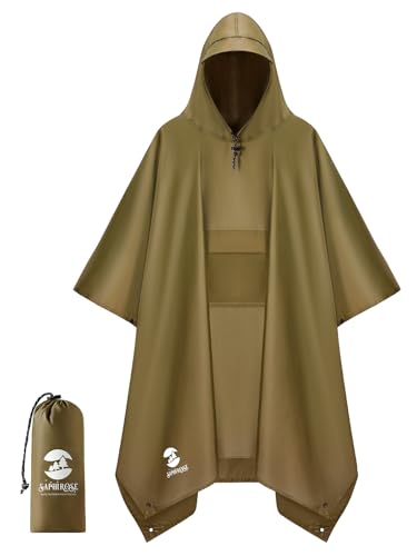 SaphiRose Extra Thick Hooded Rain Poncho Double Layer Waterproof Raincoat Jacket for Men Women Adults - color: Brown
