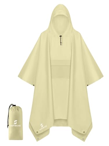 SaphiRose Extra Thick Hooded Rain Poncho Double Layer Waterproof Raincoat Jacket for Men Women Adults - color: Beige