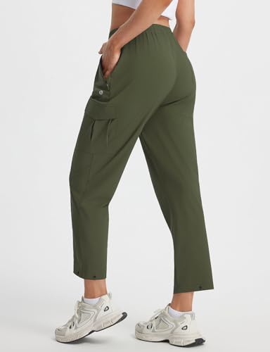 baleaf Women’s Petite Travel Hiking Pants Quick Dry Stretch Cargo Ankle Pants with Zipper Pockets - color: Army Green, size: Small