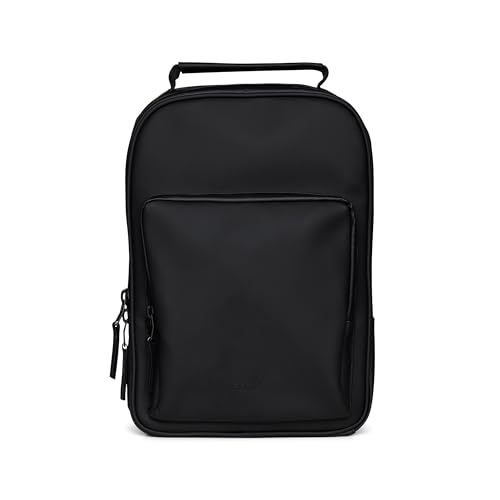 RAINS Book Daypack Regular Black Laptop Backpack for Men and Women, Waterproof Black Minimalist Commuter Bag with 15”-16" - color: Black, size: Standard