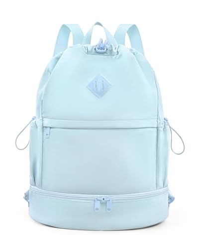 RHDZO Drawstring Backpack Sports Gym Bag with Shoe Compartment and Wet Pocket String Swim Bag for Women Men Beach Backpack, Blue - color: Blue