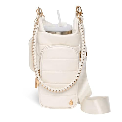 WanderFull HydroBag Handle®, Vegan Leather Hands-Free Crossbody 40 Oz Water Bottle Carrier w/Strap Bundle - color: Ivory