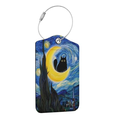 The Starry Night Cat Luggage Tag, Suitcase Tags with Privacy Flap and Metal Loop, Luggage Tags for Suitcases, Identifiers Travel Essentials Bag Tag, Cat Lovers Gifts for Women Friends - color: Multicolored 1629