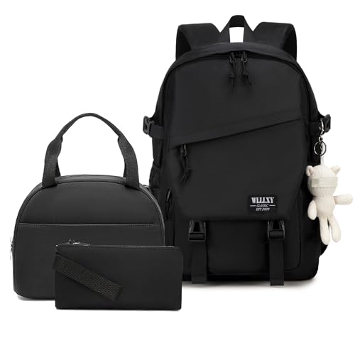 Caoroky knight College Laptop Backpack for Men Women 3 PCS Set Bookbag Large School Backpacks with Lunch Bag Pencil Case Anti Theft Travel Backpack Rucksack-Medium,Black - color: Black-set, size: Medium