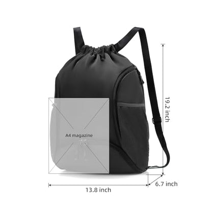 Valleycomfy Sports Gym Bag Drawstring Backpack with Shoes Basketball Bag and Two Water Bottle Holder,Black - color: Black