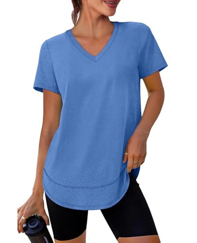 XIEERDUO Womens Workout Tops Short Sleeve Shirts Sun Protection UPF 50+ Quick Dry Outfits for Hiking Running V Neck S-3XL - color: 04 Blue, size: Medium