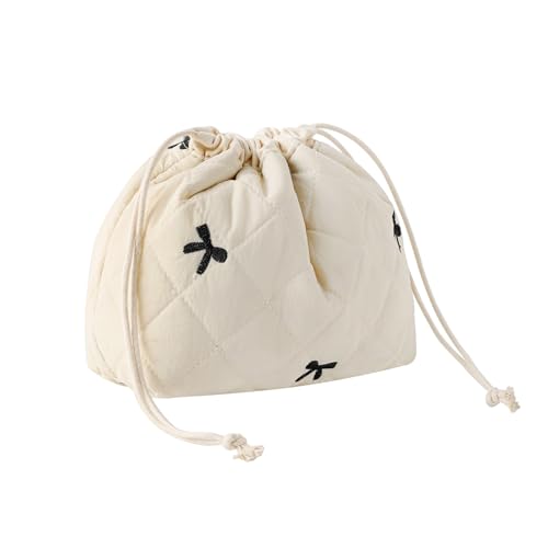 Cotton Quilted Drawstring Makeup Bag with Canvas Lining,Coquette Aesthetic Cute Travel Toiletry Bag,Drawstring Gift Bag for Women and Girls（05Beige Bows） - color: 05Beige Bows