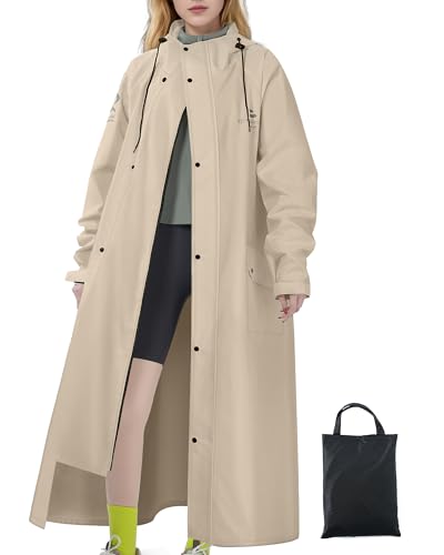 Rain Jacket Women with Hooded Waterproof Lightweight Packable Long Raincoat Poncho for Men Adults - color: Khaki, size: X-Large