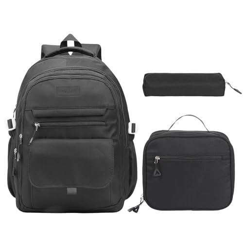 Phaoullzon Teen Girls School Backpack with Lunch Box for Boys, College Aesthetic Laptop Bookbag for Women,Black - color: Black