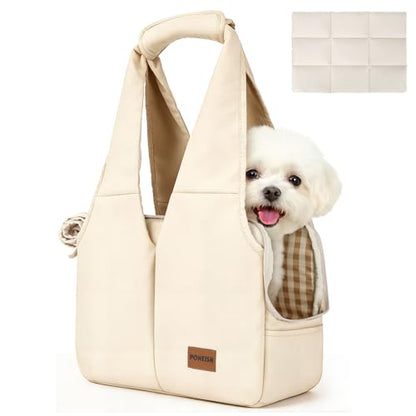 Dog Purse Carrier for Small Dogs and Cats, Soft-Sided Pet Tote Bag with 6 Large Pockets, Collapsible Travel Puppy Carrier with Small Cushion, Fits Pets up to 6 lbs (Beige, 13.6" L x 6.6" W x 10" H) - color: Beige, size: 13.6"L x 6.6"W x 10.0"H
