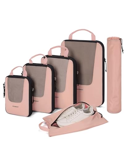 BAGSMART Compression Packing Cubes for Travel, 6/5/4set Lightweight Packing Organizers, Summer Travel Essentials Suitcase Organizer Bags Set - color: H-Brier Rose, size: 6 Set-Compress