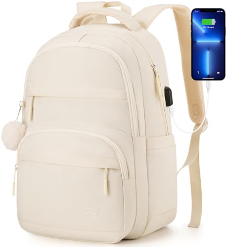 YAMTION 17.3 Inch School Bag for Women Girls,Laptop Backpack for College Students Secondary School Bags Book Bag Back Pack,Mochilas Mujer Morrales Escuela - color: Beige, size: 17.3 inch (1 pack)