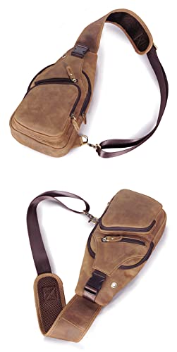 Le'aokuu Men Fashion Casual Tea Designer Travel Hiking Crossbody Chest Sling Bag Rig One Shoulder Strap Bag Men Leather 8015 | Fashion - color: C Brown