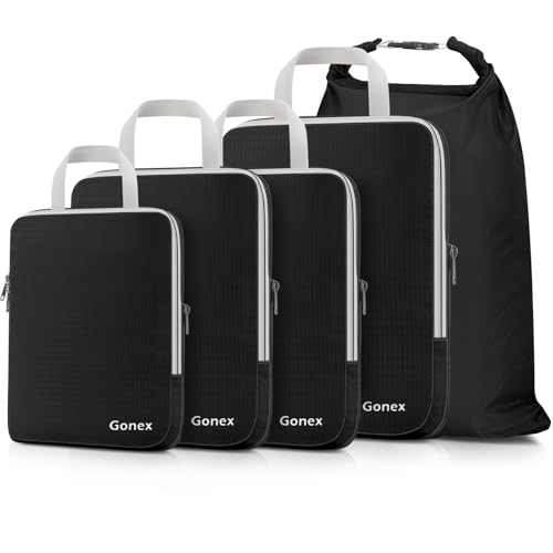 Gonex Compression Packing Cubes, 5pcs Expandable Storage Travel Luggage Bags Organizers with Laundry Bag (Black) - color: 5-Black, size: 5 Set