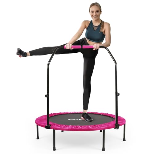 HolaHatha Foldable Mini Trampoline Fitness Rebounder for Home Gym Workouts – with 5-Level Adjustable Handle, Heavy-Duty Steel Frame, Portable Design, and Supports up to 440 Pounds