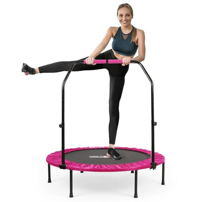 HolaHatha Foldable Mini Trampoline Fitness Rebounder for Home Gym Workouts – with 5-Level Adjustable Handle, Heavy-Duty Steel Frame, Portable Design, and Supports up to 440 Pounds