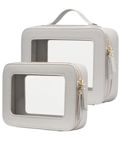 Popvibe Clear Makeup Case Set Toiletry Bag Travel Large Clear Cosmetic Bag with Zipper, Big Make Up Bag Organizer Women Traveling TSA Approved Transparent Bag Car for Essentials, Beige Grey - color: Beige Grey, style: Dual Elegance
