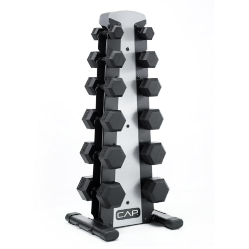 CAP Rubber Coated Hex Dumbbell Set with Storage Rack | 100–210 lb Options, Space-Saving Vertical Compact Storage for Home Gym Strength Training - size: 210 lb - Set - Silver Rack, style: Black Handle