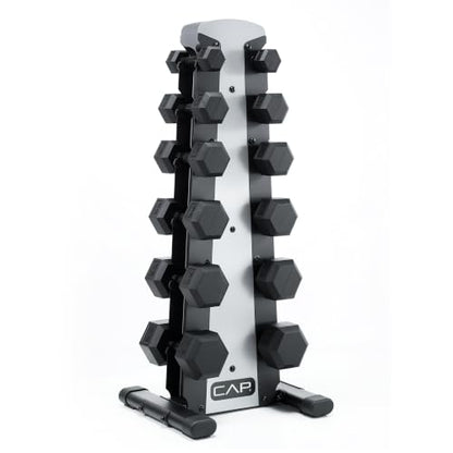 CAP Rubber Coated Hex Dumbbell Set with Storage Rack | 100–210 lb Options, Space-Saving Vertical Compact Storage for Home Gym Strength Training - size: 210 lb - Set - Silver Rack, style: Black Handle