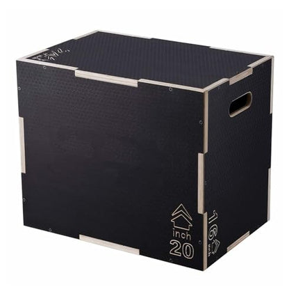 Plyometric Jump Box 3-in-1, 24/20/16 Inch Wood Plyo Box, Fitness Step Platform, Agility Training Box - Home Gym, Strength & Conditioning, Black