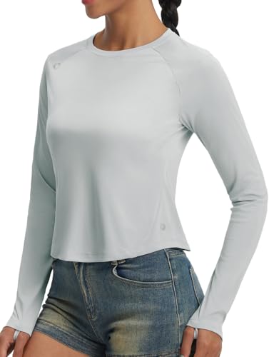 baleaf Women's UPF 50+ Long Sleeve Sun Shirts Crop Rash Guard UV Workout Tops SPF Slim Fit Lightweight Athletic Hiking - color: Light Gray, size: Small
