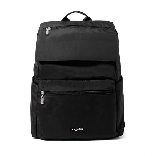 Baggallini Flap Laptop Backpack - 15"x11" Lightweight Work Travel Bag w/Luggage Sleeve & RFID - color: Black