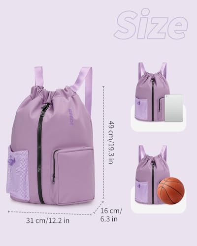 WANDF Drawstring Backpack Sports Gym Bag with Shoes Compartment, Water-Resistant String Beach Sackpack Swim Bag for Women and Men (Lilac Purple) | with Shoes Compartment - color: Lilac Purple