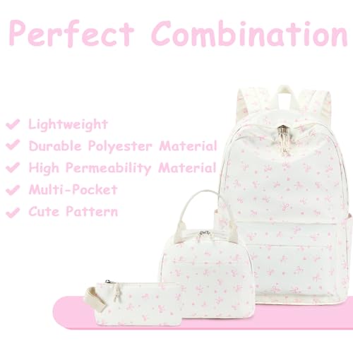 CAMTOP Girls Backpack with Lunch Box Set, Cute Bow School Backpack for Kids, 3-in-1 Lightweight Lunch Bag and Pencil Pouch - color: Bowknot