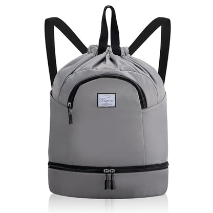 Kamo Drawstring Backpack Bag - Sport Swimming Yoga Backpack with Shoe Compartment, Two Water Bottle Holder for Men Women Large String Backpack Athletic Sackpack for Travel - color: Light Grey