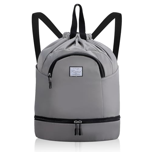 Kamo Drawstring Backpack Bag - Sport Swimming Yoga Backpack with Shoe Compartment, Two Water Bottle Holder for Men Women Large String Backpack Athletic Sackpack for Travel - color: Light Grey