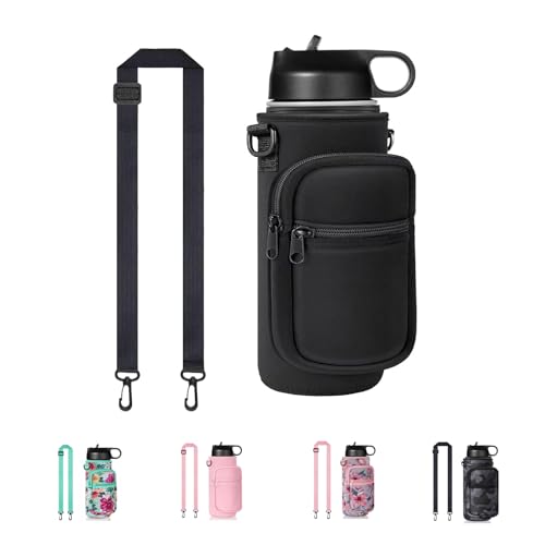 Water Bottle Holder with Strap, Insulated Crossbody Sling Bag, Carrier with Phone Pocket for Walking Hiking Camping Fishing - color: Black, size: 32oz Short