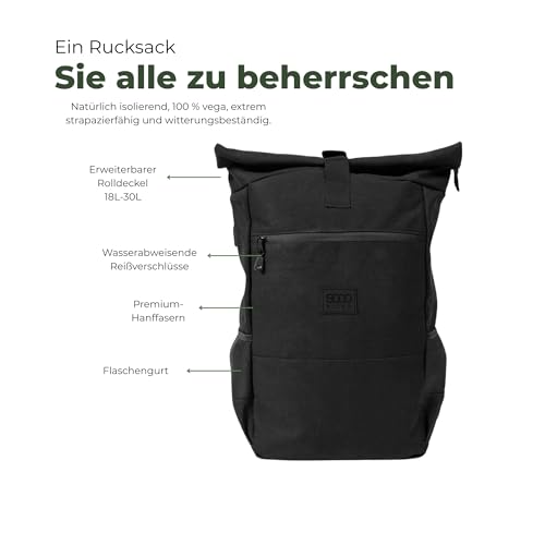 8000Kicks Everyday Hemp Backpack - Lightweight and Waterproof Backpack with Anti-theft pocket and Spacious Interior (Solid Black) - color: Solid Black