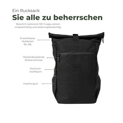 8000Kicks Everyday Hemp Backpack - Lightweight and Waterproof Backpack with Anti-theft pocket and Spacious Interior (Solid Black) - color: Solid Black