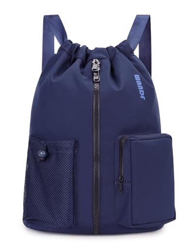 WANDF Drawstring Backpack Sports Gym Bag with Shoes Compartment, Water-Resistant String Beach Sackpack Swim Bag for Women and Men (Navy Blue) - color: Navy Blue