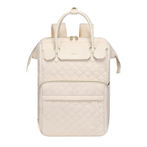 MOSISO Laptop Backpack for Women Men, 15-15.6 inch Rhombus Quilted Flight Approved Travel Backpack with PU Handle, 16 inch Carry on Daypack with USB Port for College Work Business, Beige - color: Beige